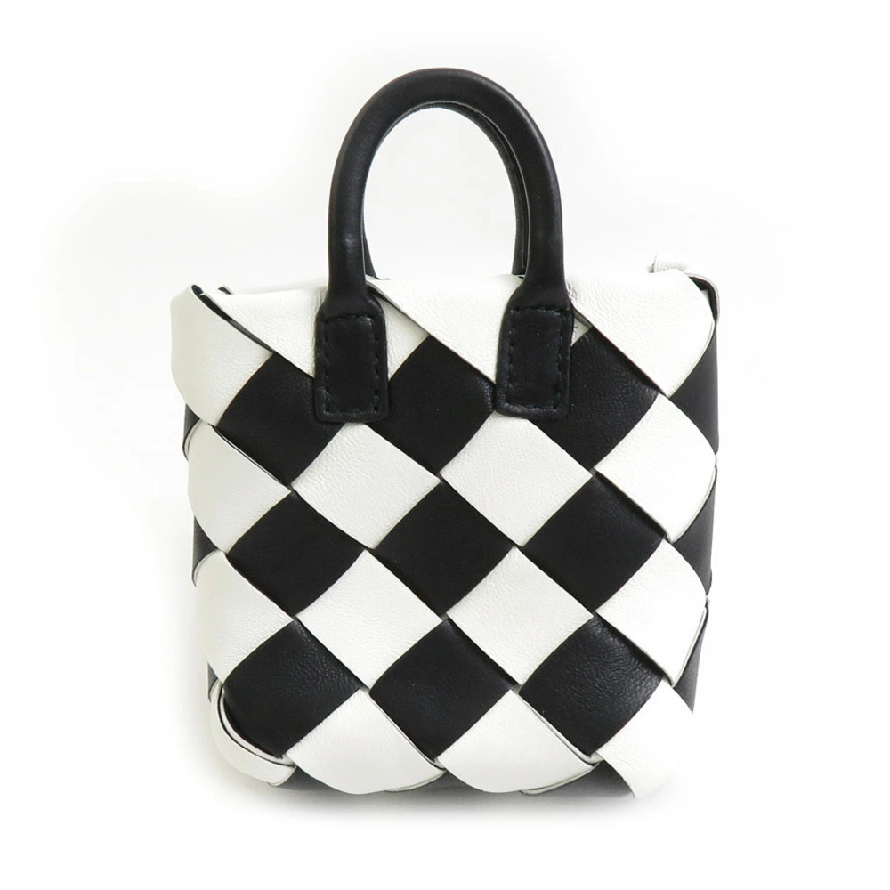 Bottega Veneta Charm Keyring Intrecciato Bag Motif Leather Black White Silver